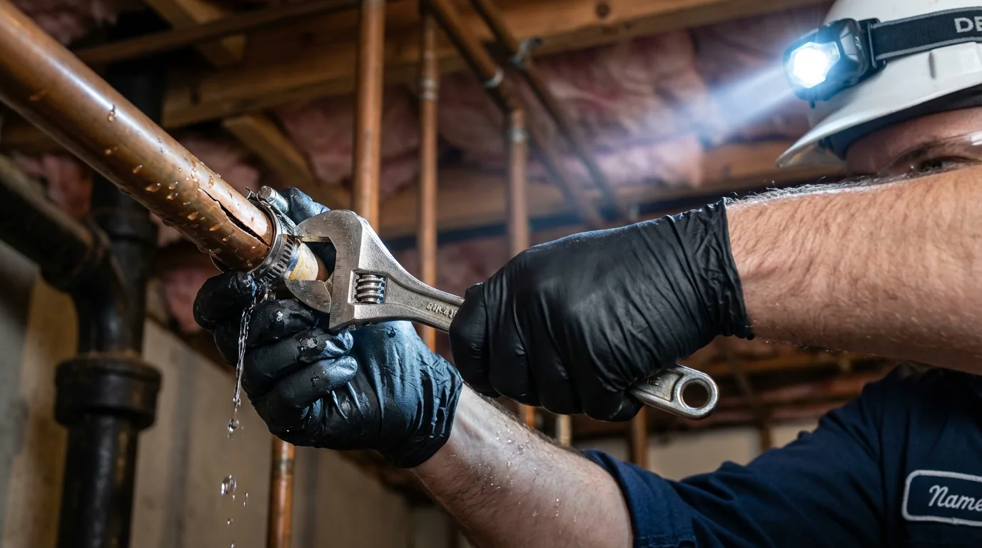Emergency pipe clamp repair being performed by a Johns Plumbing LLC plumber in Rosamond