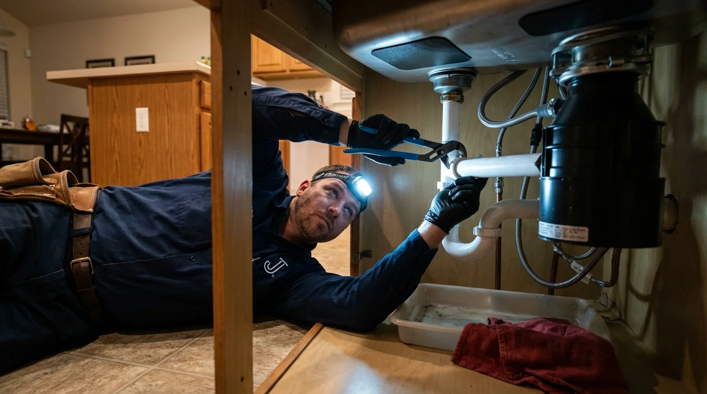 P-trap and supply line connections under a kitchen sink showing a common leak point in Rosamond, CA